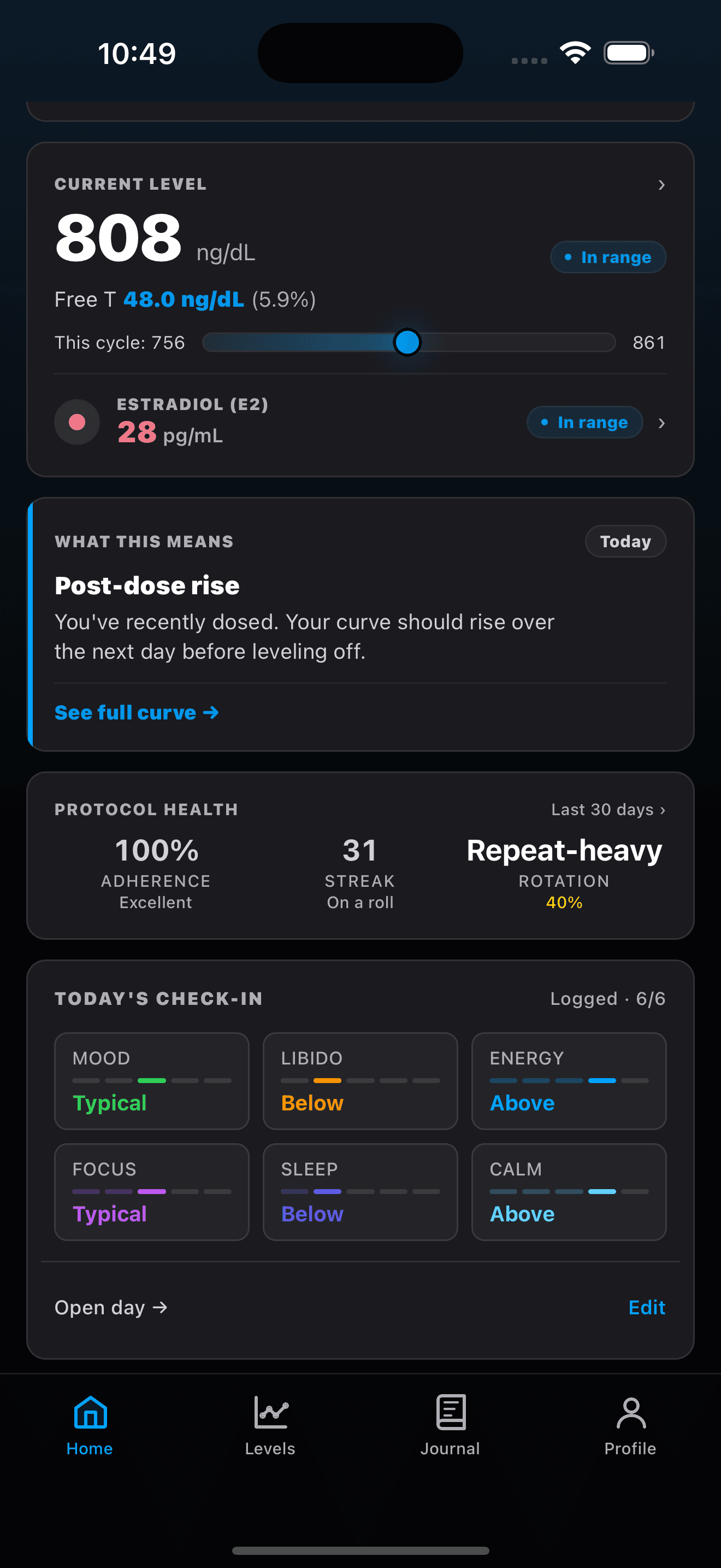 Axis home screen showing current level, protocol health, and daily check-in